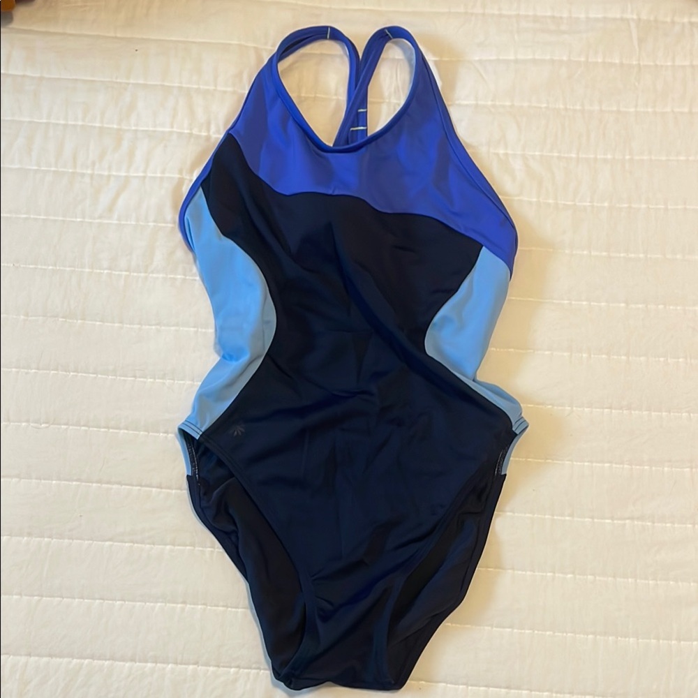 Athleta Blue and Black One Piece Racerback Swimsuit